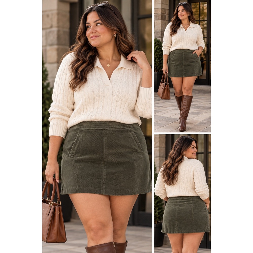 Talbots Plus Womens 20W Olive Green Corduroy A-Line Mini Skirt Side Zip NWT